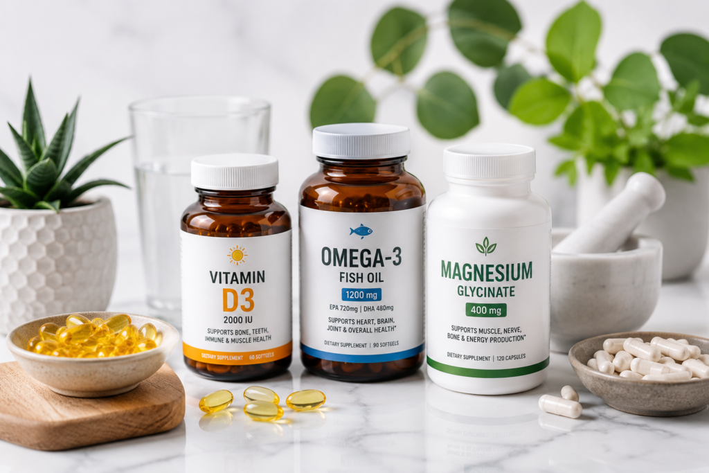 Vitamin D, omega 3, and magnesium supplements displayed on a white marble table with natural green leaves