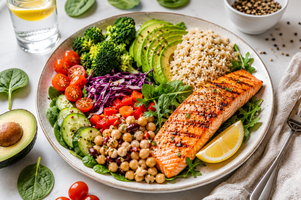 Balanced healthy meal with vegetables, salmon, avocado, and whole grains on a nutrition plate