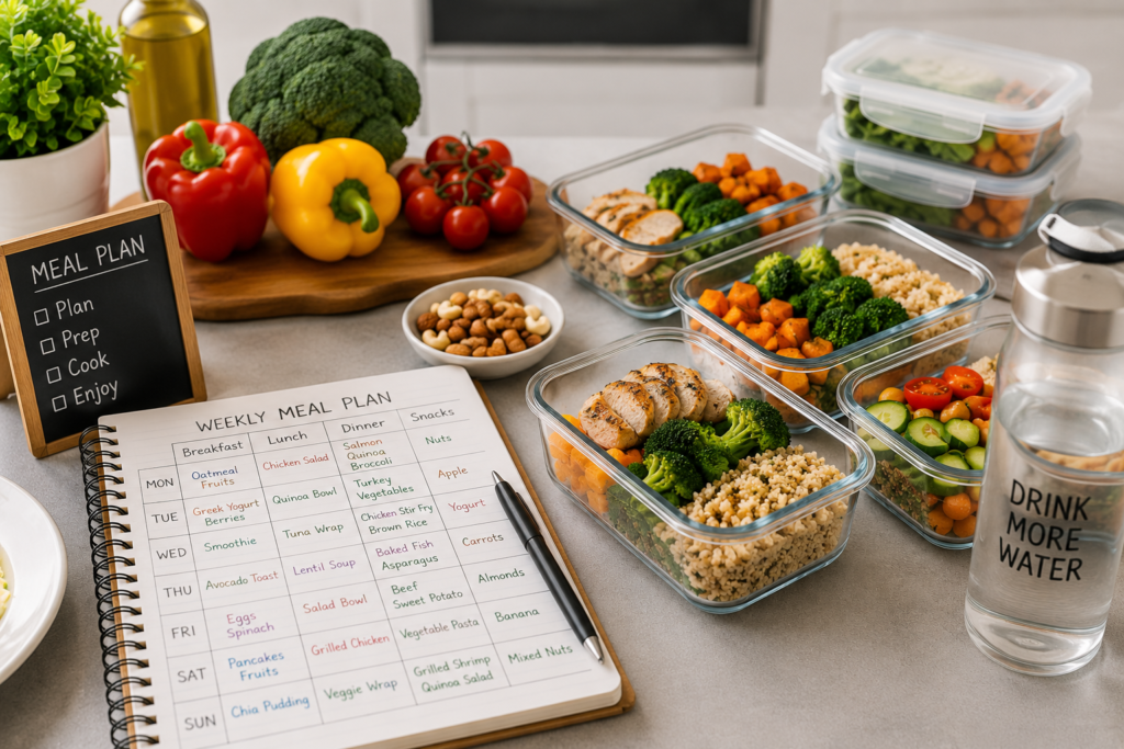 Weekly meal planning setup with healthy meal prep containers, vegetables, and planner notebook
