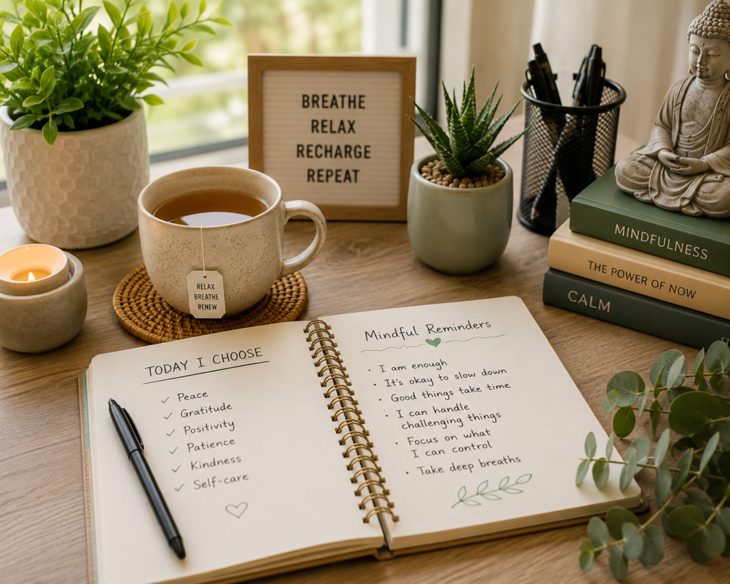 Peaceful stress management scene with tea, meditation journal, and calming workspace
