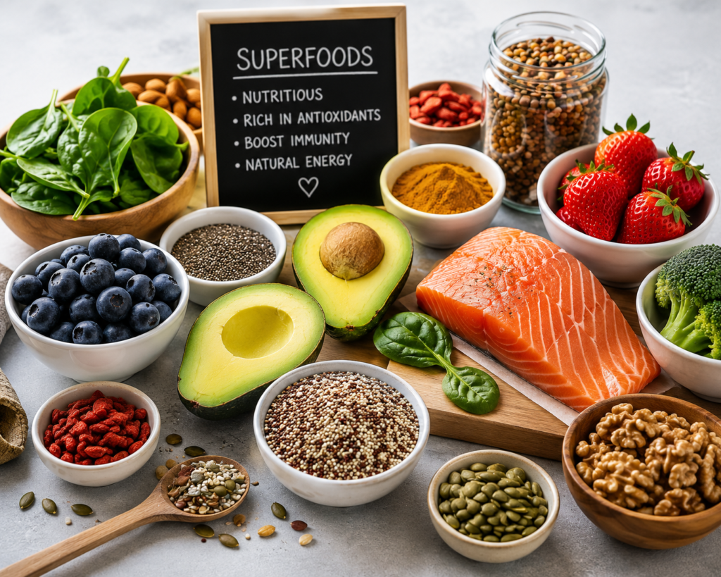 Collection of superfoods including blueberries, avocado, salmon, chia seeds, and walnuts