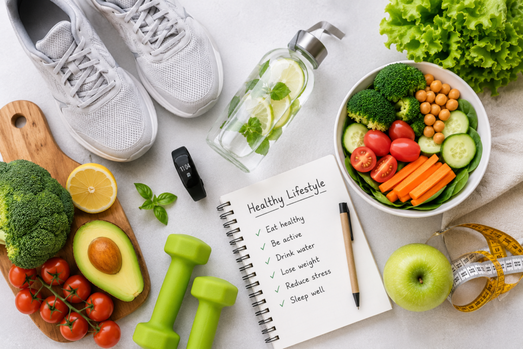 Healthy lifestyle essentials including vegetables, fitness shoes, water bottle, and activity tracker
