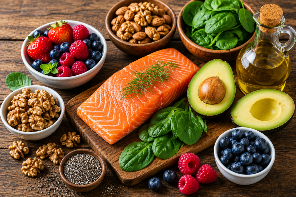 Heart healthy foods including salmon, avocado, berries, walnuts, olive oil, and leafy green vegetables