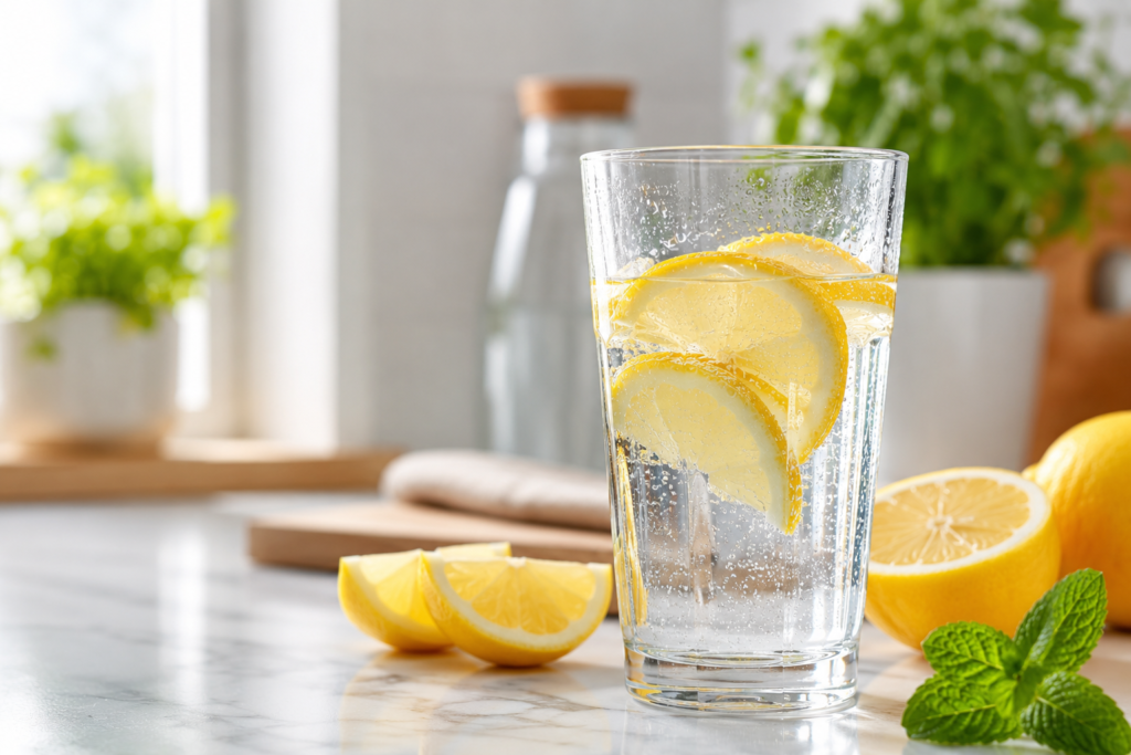 Glass of fresh water with lemon slices representing hydration, healthy lifestyle, and overall wellness.