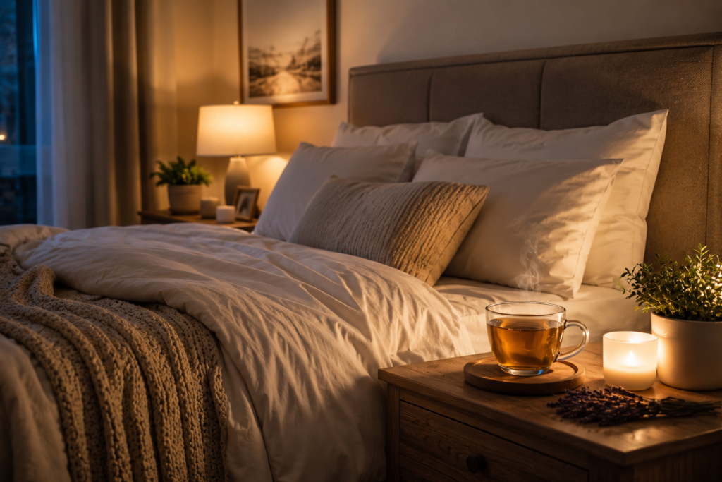 Peaceful bedroom with comfortable bed, warm lighting, herbal tea, and relaxing nighttime atmosphere promoting healthy sleep.