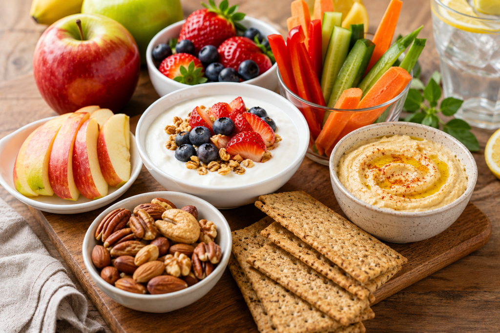 Healthy snacks including mixed nuts, fresh fruit, yogurt, vegetables, and whole grain crackers arranged on a kitchen table.